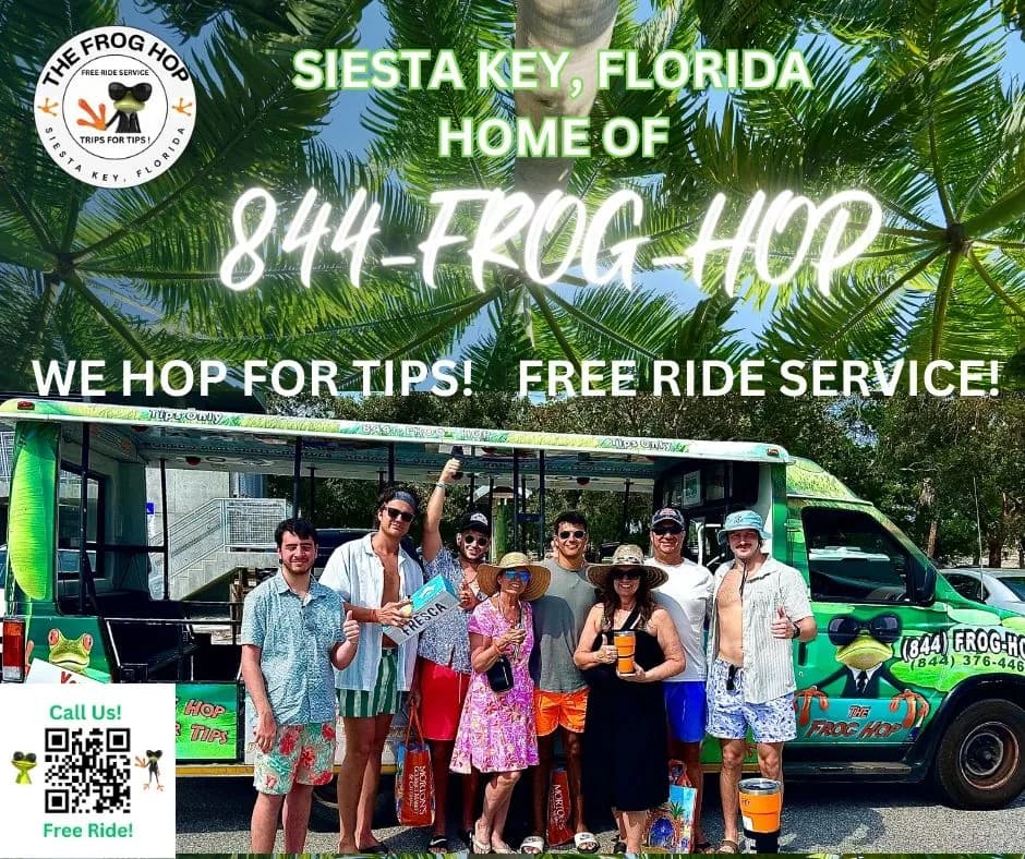 A group of smiling riders boarding a green Frog Hop van