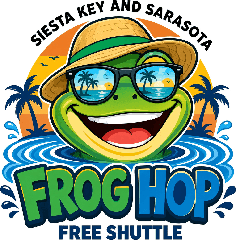 Frog Hop Free Shuttle, Siesta Key and Sarasota: a grinning frog in a straw hat and sunglasses.